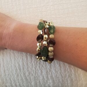 Handbeaded Wired Stack Bracelet Cuff With Greens And Golds